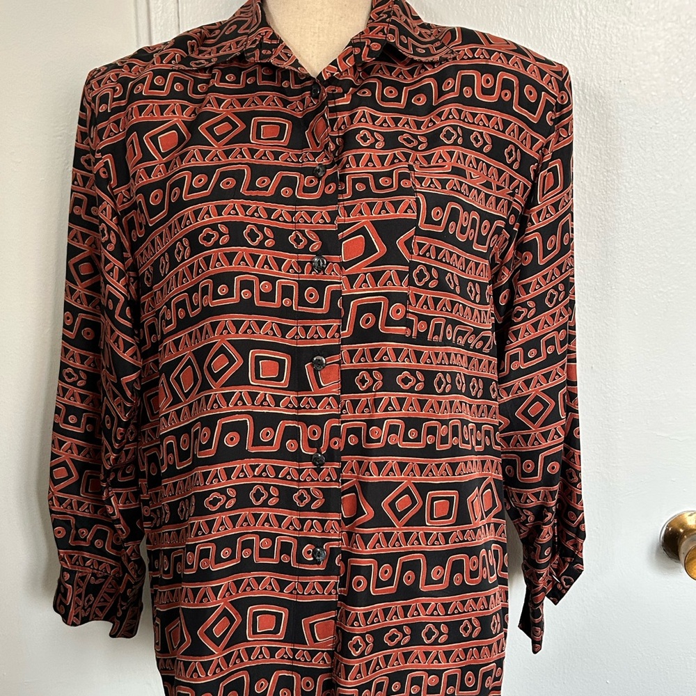 Robert Stock Limited, 100% Silk, Geometric Pattern Long Sleeve Blouse, Size S